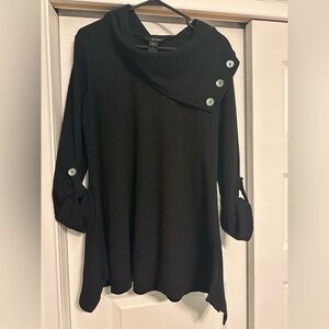 Ali Miles Women’s L Ribbed Cowl Neck Black Blouse Roll Tab Sleeve Button Artsy